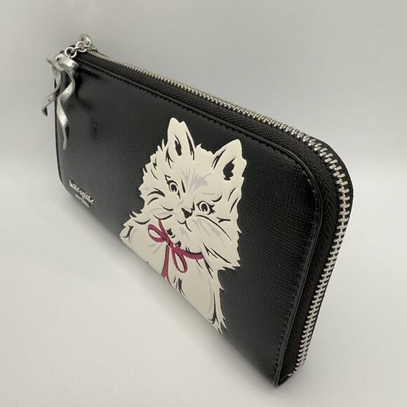 Kate Spade Whiskers Zip Around Continental Wallet KI714 Black with White Cat - Picture 8 of 12